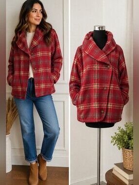 Woolrich Ruby Plaid Wool Blend Jacket XL Convertible Cowl Hood Shawl Collar